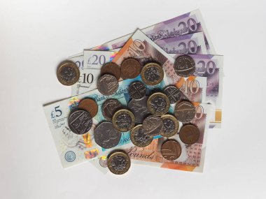 Pound coins and banknotes money currency of United Kingdom