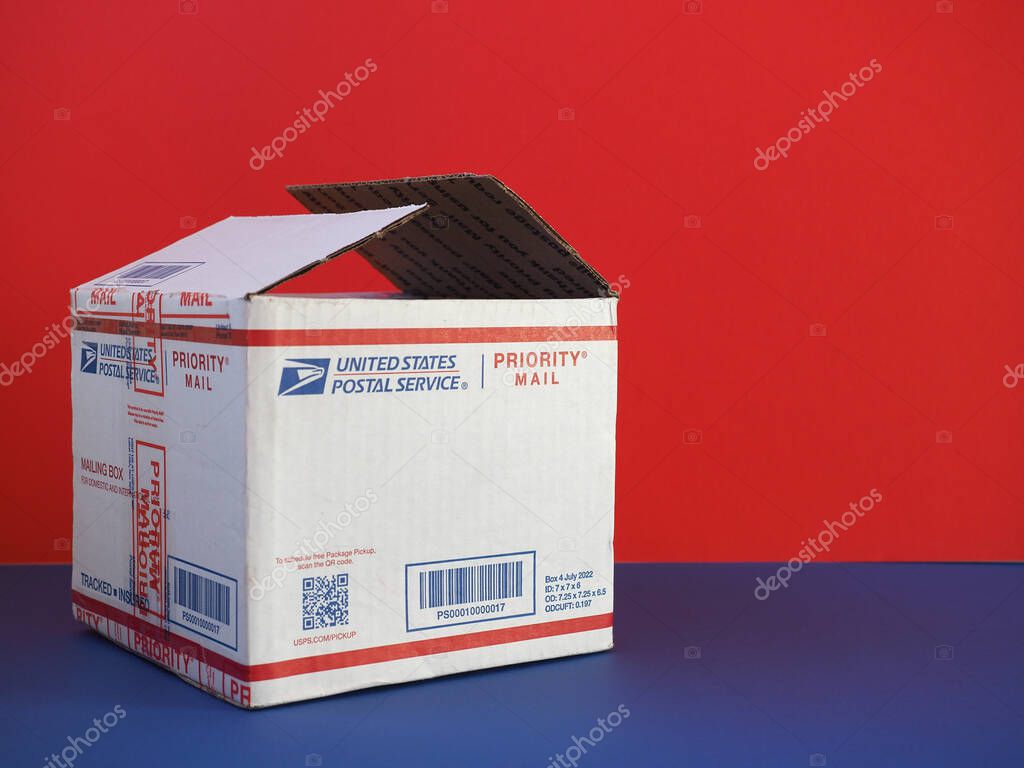 WASHINGTON, USA - NOVEMBER 06, 2023: USPS United States Postal Service parcel