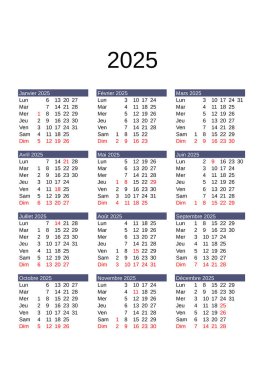 Fransız dilinde 2025 yılı takvimi ve Fransa resmi tatili