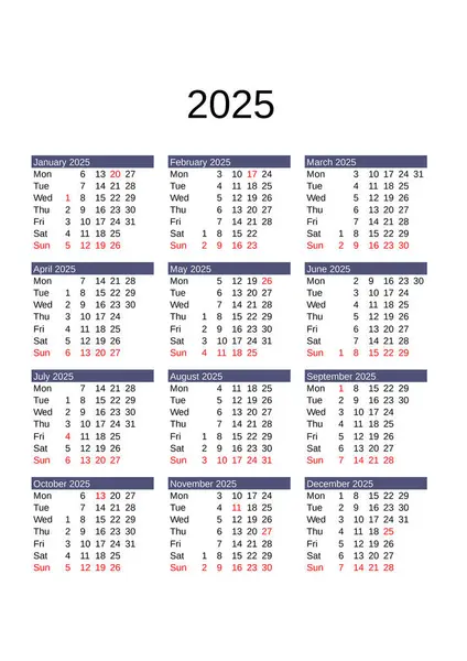 stock vector calendar of year 2025 in English language with United States public holidays