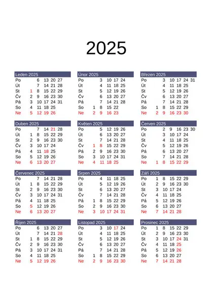 stock vector calendar of year 2025 in Czech language with Czech Republic public holidays