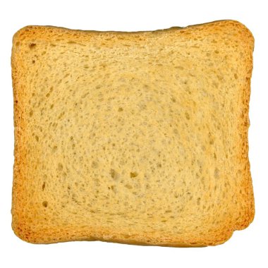 Rusk kuru bisküvisi iki kez kavrulmuş ekmek, kızarmış ekmek, kızarmış ekmek, kızarmış ekmek, beyaz arka planda izole edilmiş.