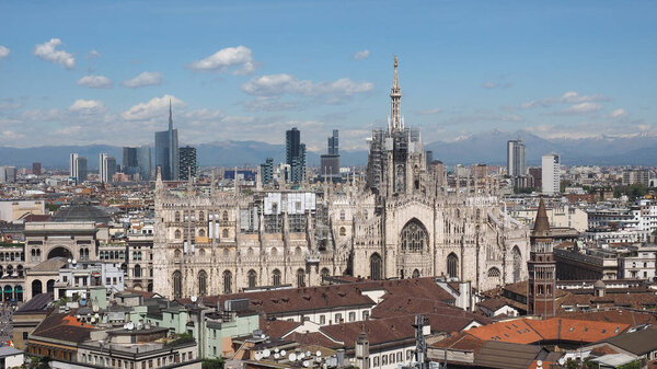 Aerial view of Duomo di Milano gothic cathedral church in Milan, Italy