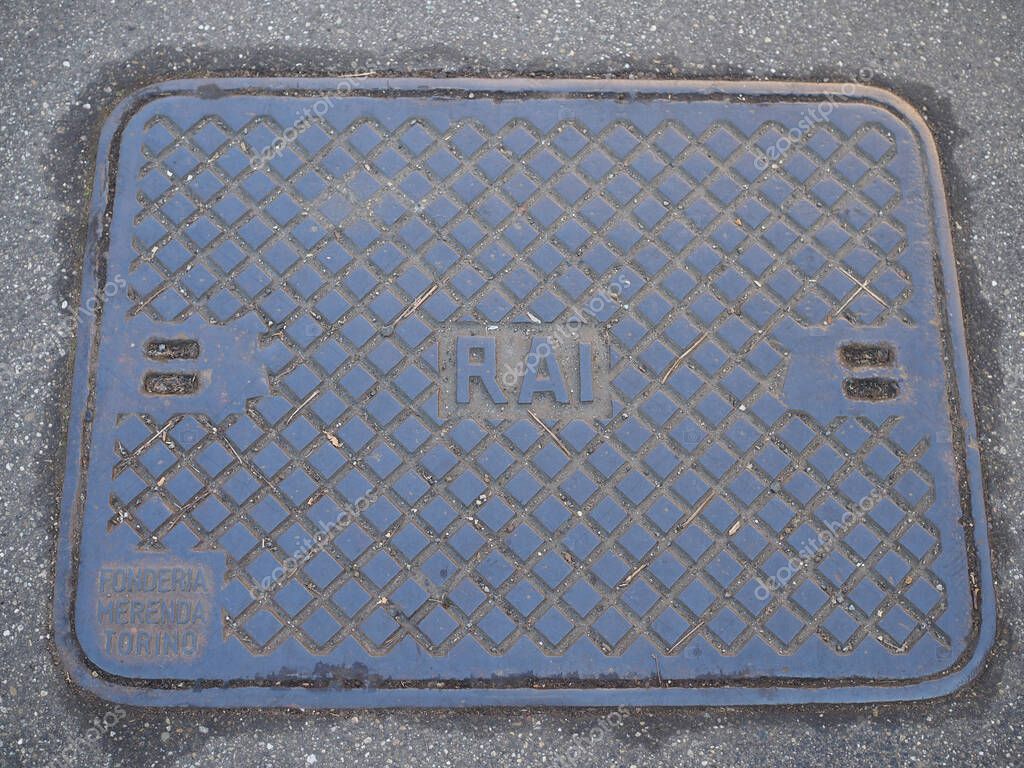 TURIN, ITALY - DECEMBER 30, 2024: RAI italian television logo on manhole