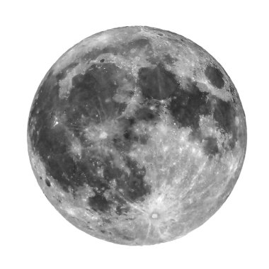 Astronomik teleskopla görünen dolunay beyaz arkaplanda kesilmiş.