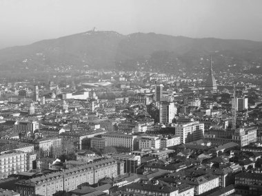 İtalya 'nın Torino kentinin hava manzarası. Piazza Castello meydanı siyah beyaz.