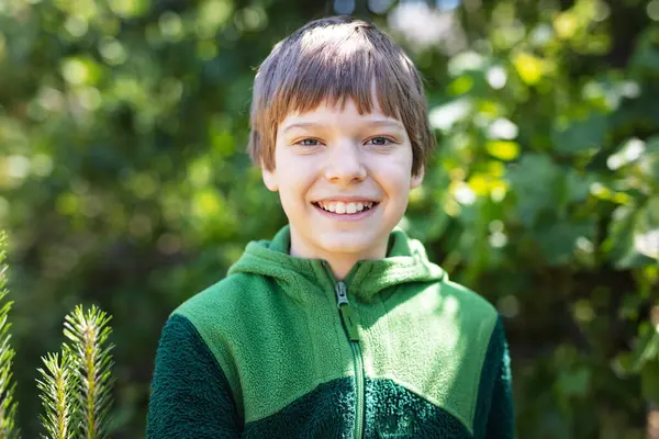 Cheerful Young Boy Looking Camera Park Stock Photo