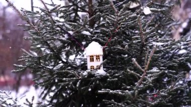 Bird feeder hanging from a tree. Red birdhouse with sparrow during winter in snow.