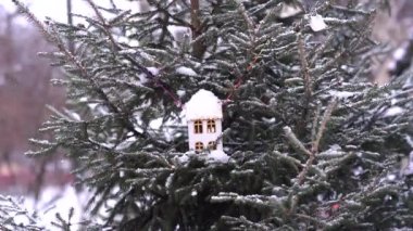 Bird feeder hanging from a tree. Red birdhouse with sparrow during winter in snow.