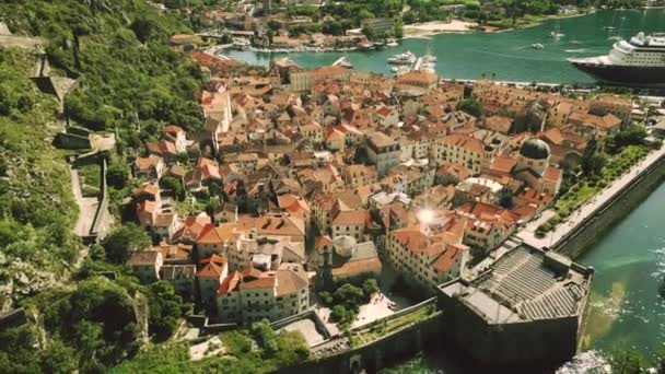 Luchtfoto Van Oude Binnenstad Het Fort Van Kotor — Stockvideo