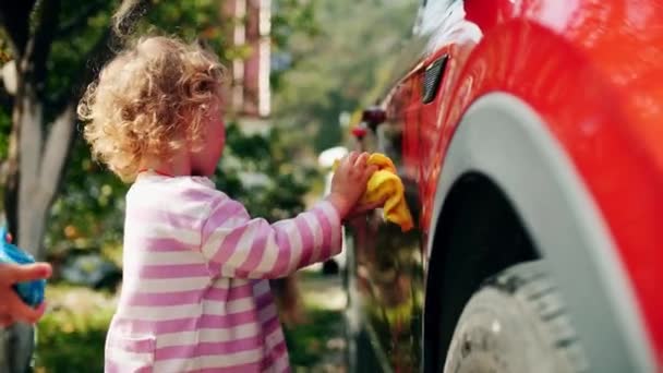 小さい女の子は赤い車を洗う — ストック動画