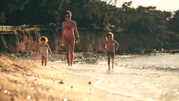 Mãe Seus Filhinhos Caminham Longo Praia Mar — Vídeo de Stock