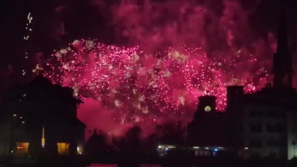 New Year Eve Fireworks Sky Silhouettes Buildings Zurich — Stock Video