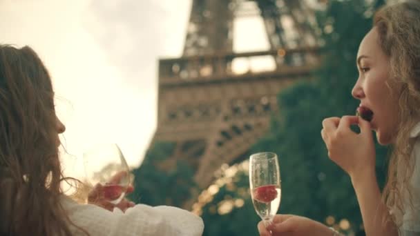 在巴黎埃菲尔铁塔野餐的年轻女子 — 图库视频影像