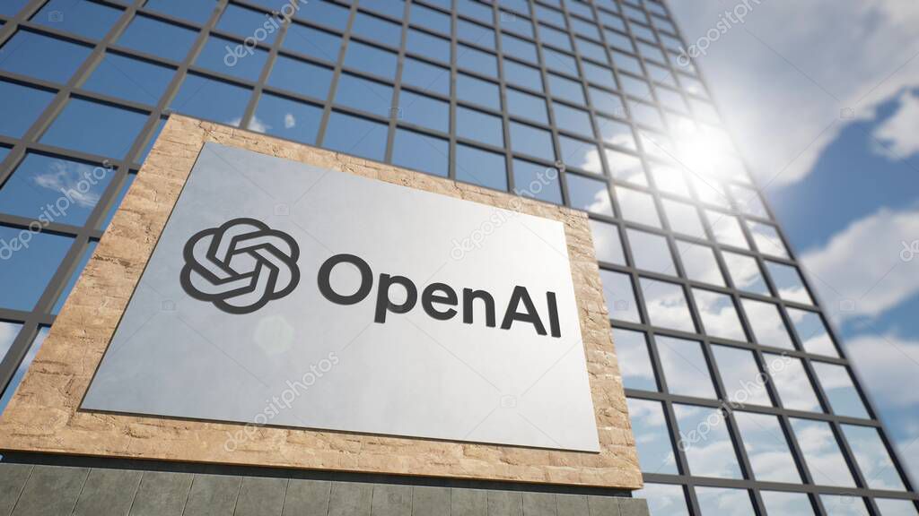 Signboard with logo next to the modern skyscraper, 3D