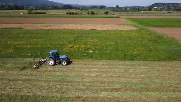 在阳光灿烂的日子里 用双轮耙拖拉机在空中除草 — 图库视频影像