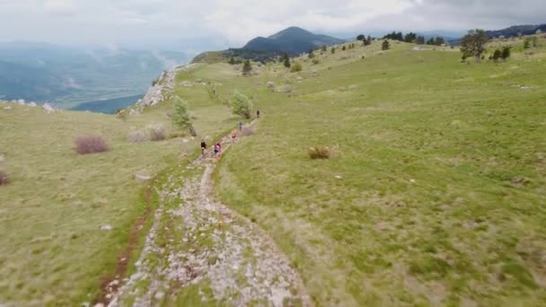 Corredores Ultra Trail Corren Cuesta Arriba Cerca Cima Montaña Vista — Vídeo de stock
