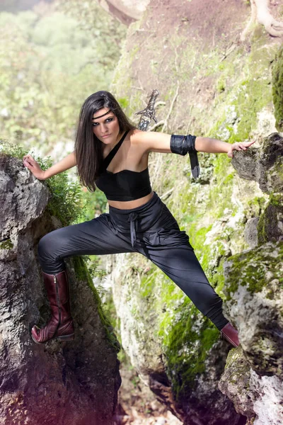 Beautiful Warrior Girl Sword Hidden Rocks Warrior Woman Concept — Stock Photo, Image