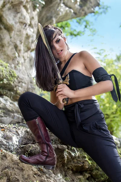 Beautiful Warrior Girl Sword Hand Hidden Rocks Warrior Woman Concept — Stock Photo, Image