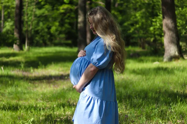 Hermosa Joven Embarazada Sosteniendo Vientre Contra Césped Verde Del Bosque —  Fotos de Stock