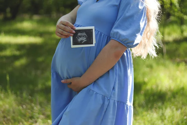 妊娠中の女性は 緑の森の芝生の閉鎖に対して赤ちゃんと超音波写真を持っています 選択フォーカス 出産の概念 — ストック写真