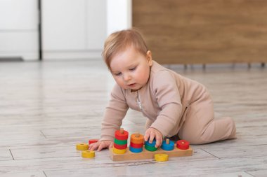 Evdeki ahşap eğitici oyuncaklarla şirin şirin bebek oyunları. Çocuk gelişimi için Montessori materyalleri. Seçici odak.