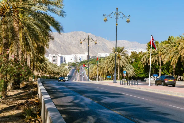 Estrada Com Palmeiras Arquitetura Tradicional Omani Cidade Velha Mascate Omã — Fotografia de Stock