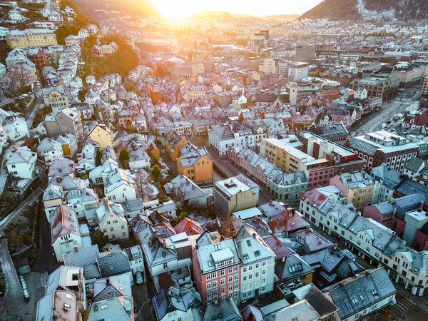 Tradycyjna Architektura Skandynawska Stare Miasto Bergen Wschodzie Słońca Bergen Vestland — Zdjęcie stockowe