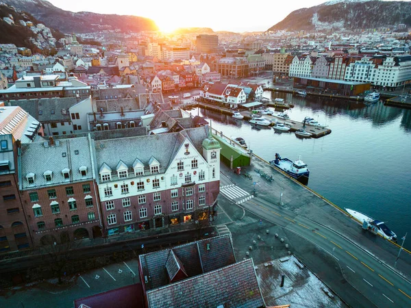Traditional Scandinavian Architecture Old Town Bergen Sunrise Bergen Vestland Norway Immagine Stock