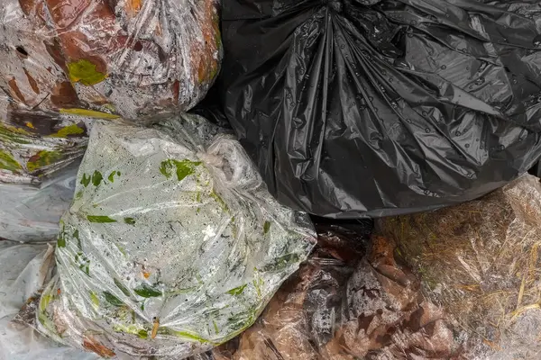 Tumpukan Kantong Sampah Basah Diisi Dengan Daun Busuk Terurai Secara — Stok Foto