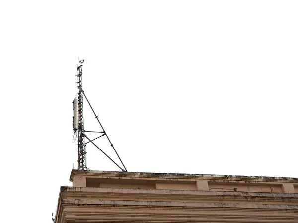 Wireless communication antenna tower isolated on white background.