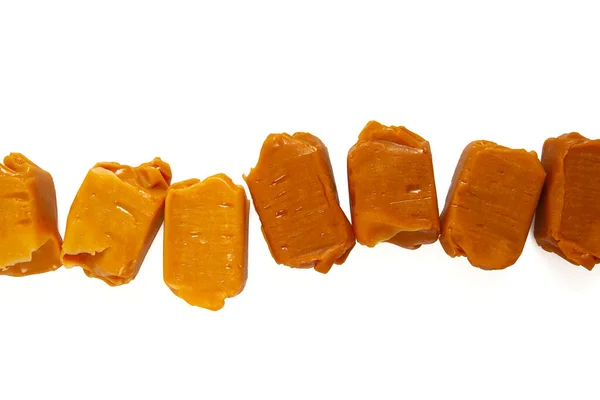 Soft Caramel Candies Butterscotch Toffee Pieces Isolated White Background Top — Stock Photo, Image