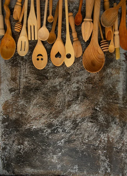 Beautiful Wooden Spoons Utensils Stone Surface Top View Stock Image