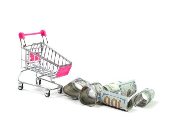Dolarlı küçük alışveriş arabası, alışveriş arabasında para, alışveriş...