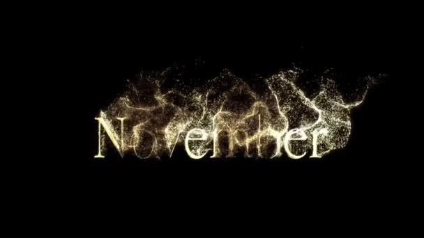 Naam Van Maand November Gouden Letters Met Deeltjes Alpha Kanaal — Stockvideo