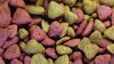 Evcil hayvan yiyeceği makro modda bir tabakta döner, kedi ve köpek mamaları bir tabağa doldurulur