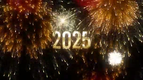 Złote Gratulacje Szczęśliwego Nowego Roku 2025 Złote Numery Gratulacje Fajerwerkami — Wideo stockowe