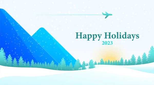 Año Nuevo Tarjeta Navidad Paisaje Invierno Con Avión Bosque Árboles — Vector de stock