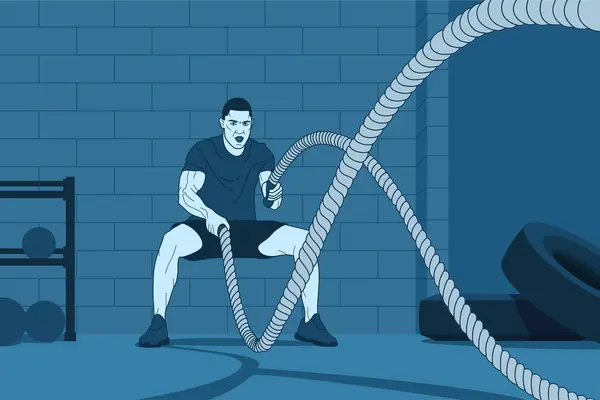 Muscular man doing rope crossfit training exercises. Colored vector illustration. Athlete male training in the gym. Active bodybuilder guy workout. Sport, health and wellness concept.
