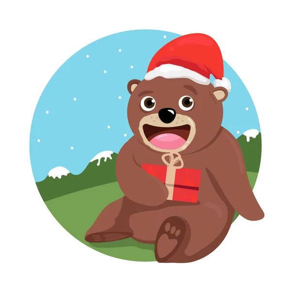 Εικονογράφηση Φορέα Μιας Αρκούδας Ένα Καπέλο Santa Κάθεται Εξωτερικούς Χώρους Διάνυσμα Αρχείου