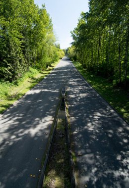 Sammamish Parkway asfalt yüzeyi ve medyan Redmond Merkez Bağlantı Köprüsü, Redmond, King County, Washington 'dan ufka doğru uzun çizgiler oluşturuyor.