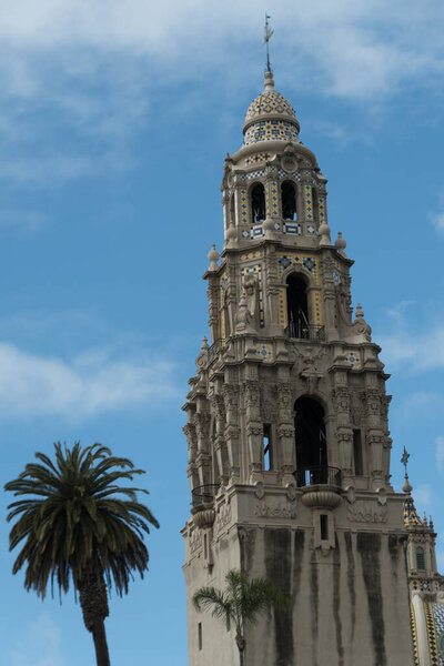 California bell tower and dome at the entrance of Balboa park, San Diego