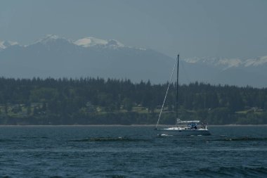 Sail boat passing waters in Possession bay between Cama Beach and Whidbey Island, Camano State Park clipart