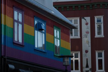 Laugardalur, Reykjavik, İzlanda 'daki geleneksel İskandinav binalarının renkli dış detayları