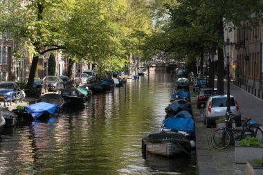 Ürdün, Amsterdam 'da bir kanalın her iki tarafında sıralar halinde güneşli öğleden sonra