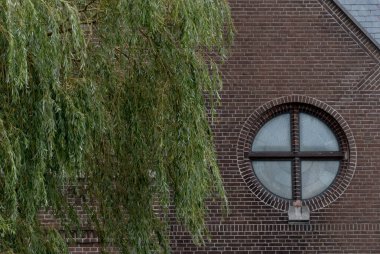 Çapraz çerçeveli yuvarlak pencere ve yanında eski söğüt dalı, Hollanda