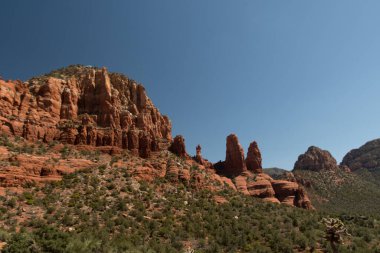 Sedona, Arizona yakınlarındaki çöl arazisinden görkemli kırmızı kaya oluşumları ve kuleler yükseliyor. Bu panoramik manzara engebeli kayalıkları, katmanlı kumtaşlarını ve derin mavi gökyüzünün altındaki çöl bitkilerini gösteriyor. Amerikan S 'de popüler bir seyahat merkezi.
