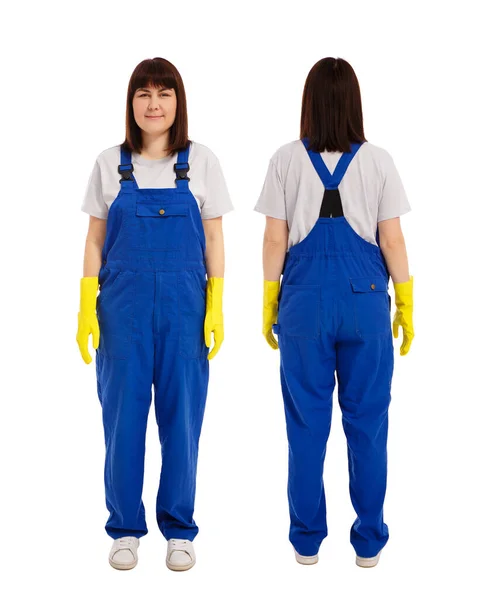 Voor Achteraanzicht Van Jonge Schoonmaakster Blauwe Overall Uniform Gele Handschoenen — Stockfoto