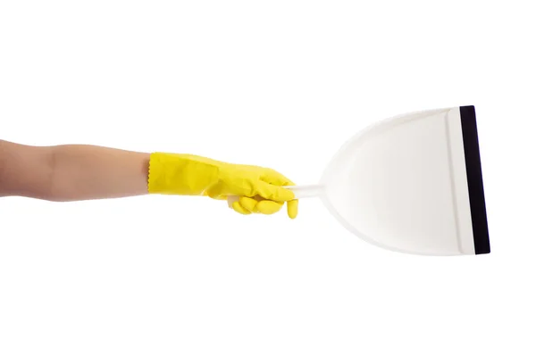 Koncepcja Sprzątania Dłoń Żółtej Gumowej Rękawicy Trzymającej Plastikową Patelnię Izolowaną — Zdjęcie stockowe