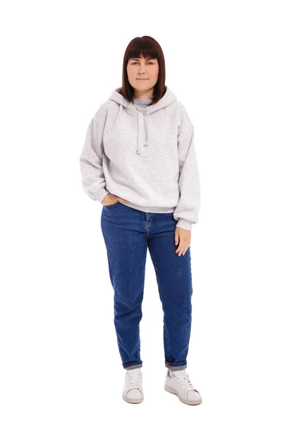 Full Length Portret Van Jonge Vrouw Poseren Jeans Hoodie Geïsoleerd — Stockfoto